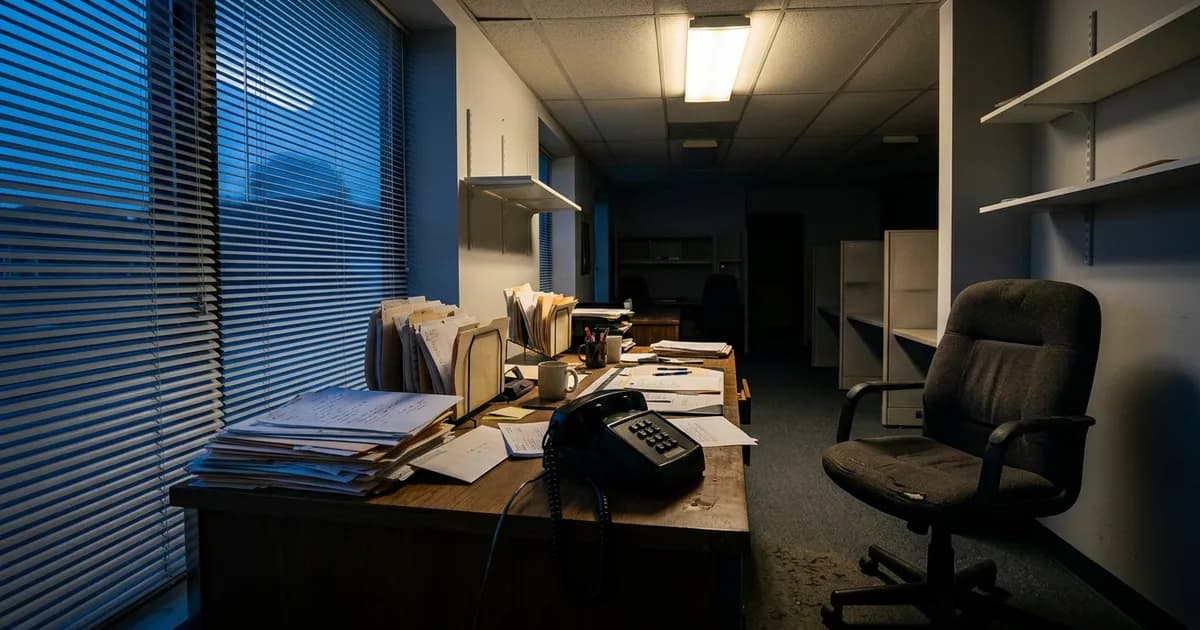 An after-hours contractor's office with a landline phone on the desk and an empty chair.