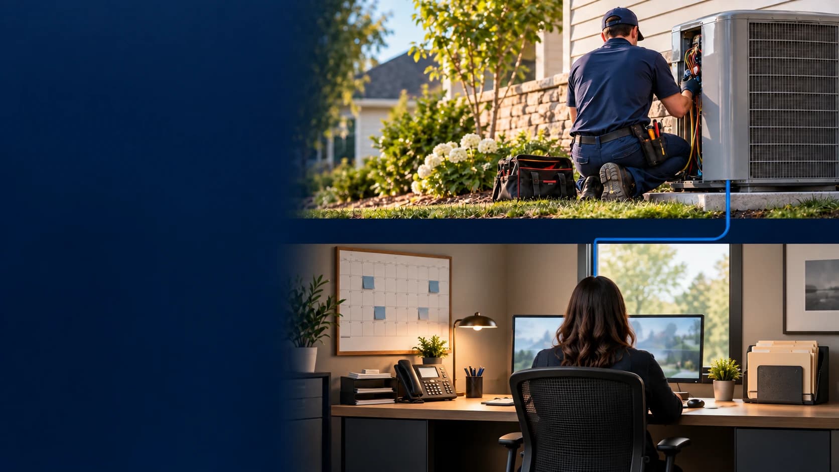 A service technician at work beside a front-office team member at a desk.