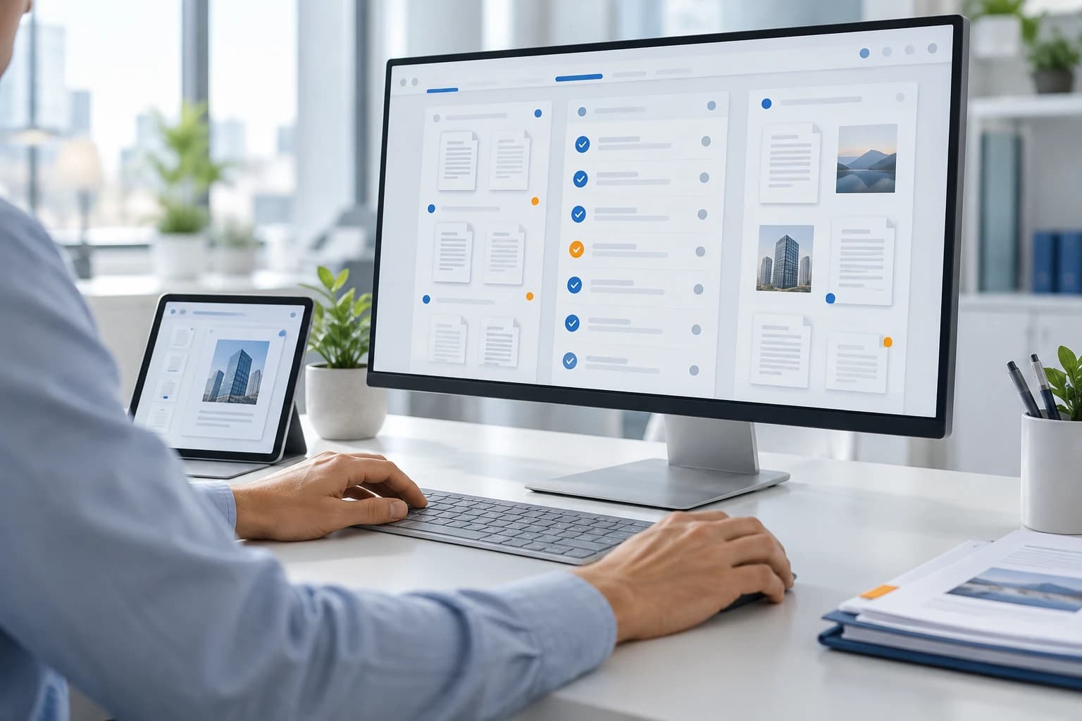 Conceptual illustration of a person at a desk with a large monitor and a tablet, the screens showing document lists, a checklist with completed items, and image panels.