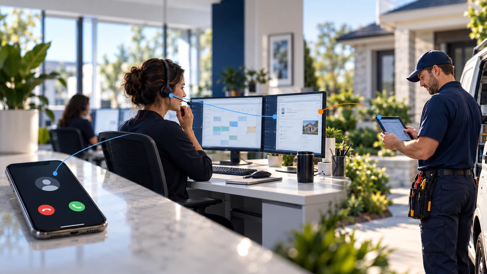 A customer call, a Front Office specialist, and a field technician in one connected service scene.