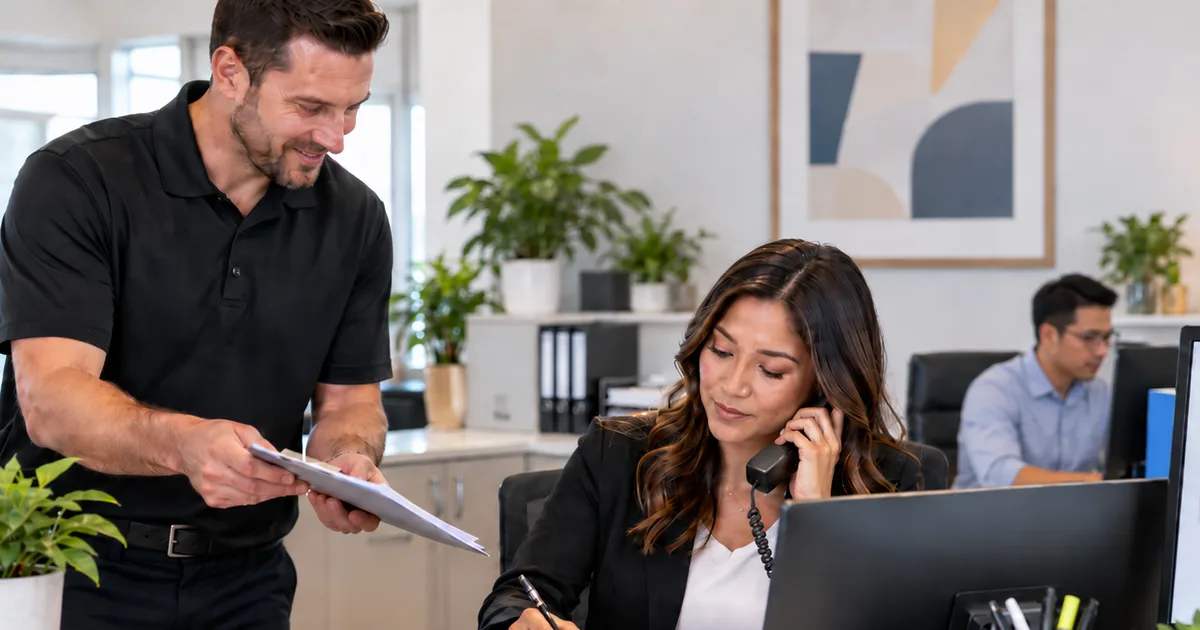 A receptionist on the phone at an office front desk, taking notes while a coworker hands her paperwork.