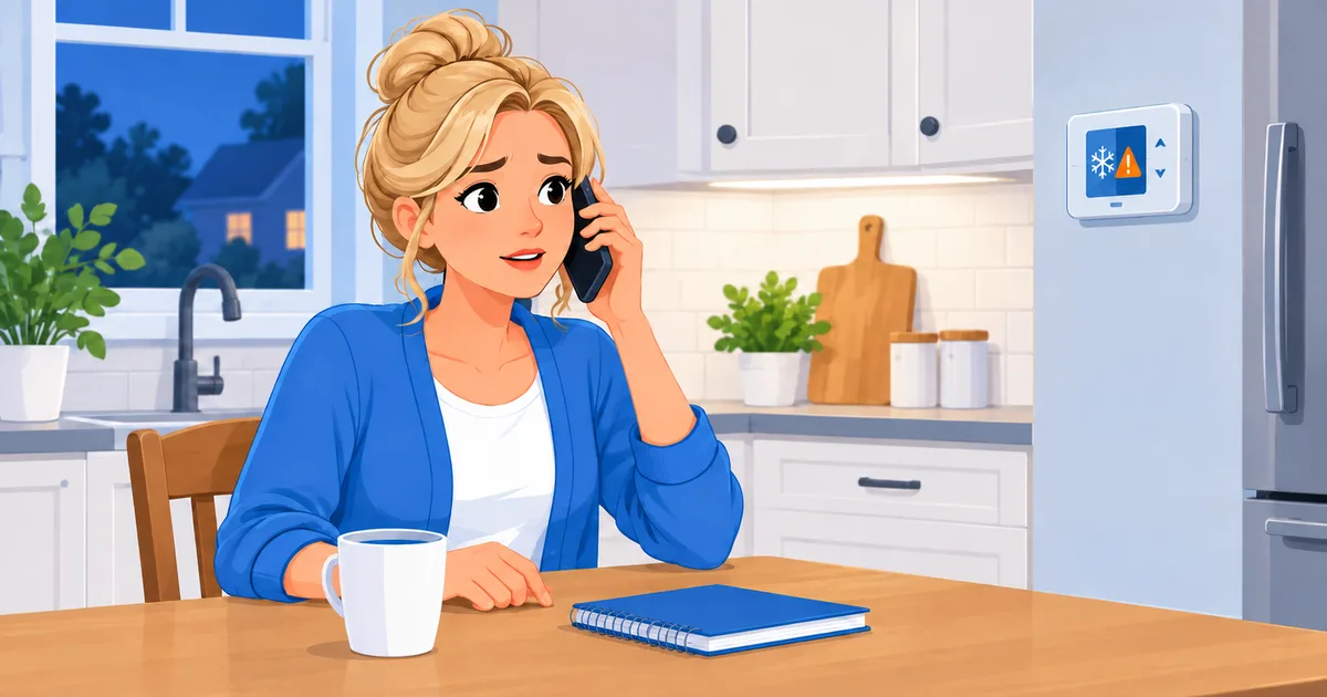 Illustration of a homeowner at a kitchen table in the evening, on the phone, with a wall thermostat showing an orange warning symbol.