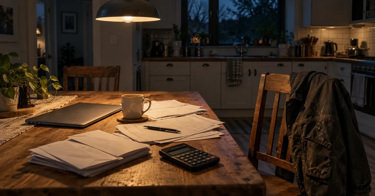 Kitchen table at night with invoice paperwork, a closed laptop, coffee, and a work jacket draped over an empty chair.