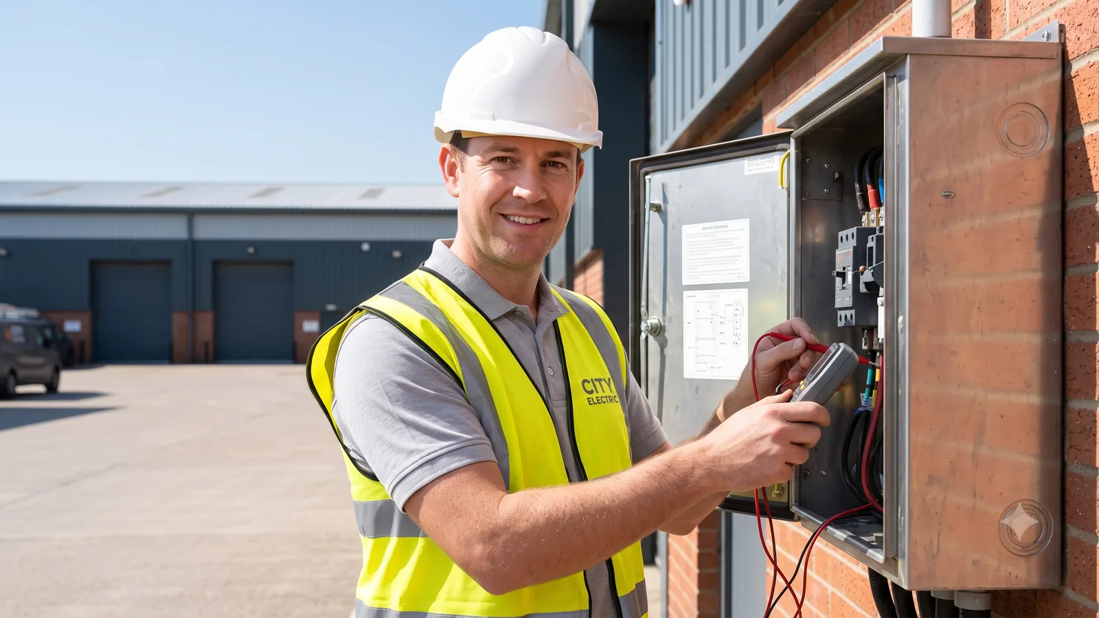 Fictional electrician testing a commercial exterior electrical panel
