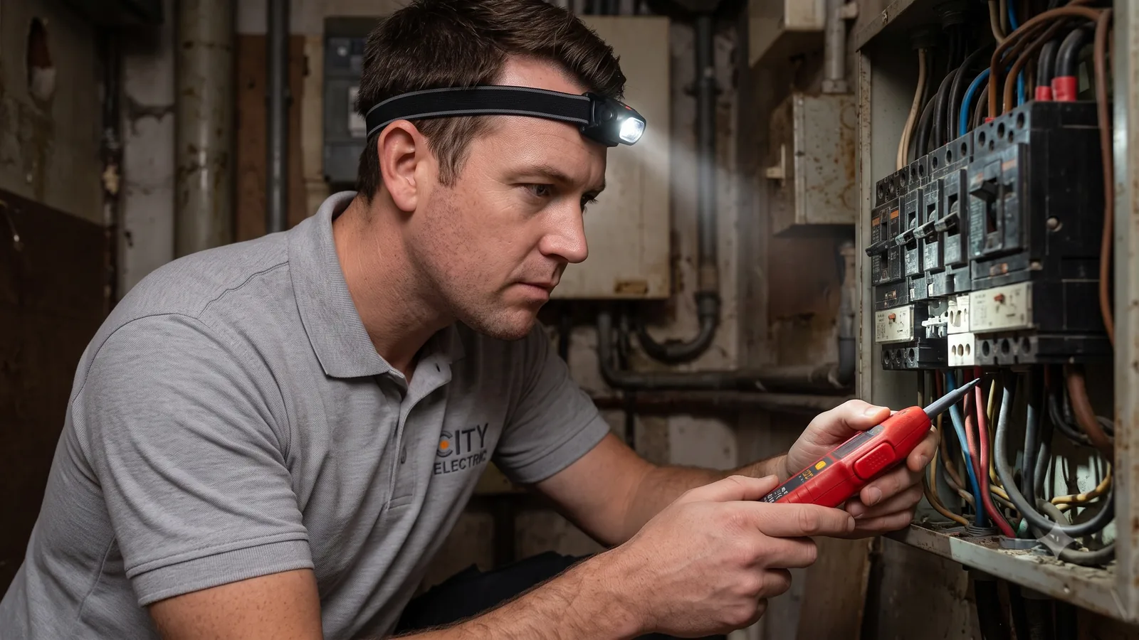 Fictional electrician inspecting breakers in an electrical panel