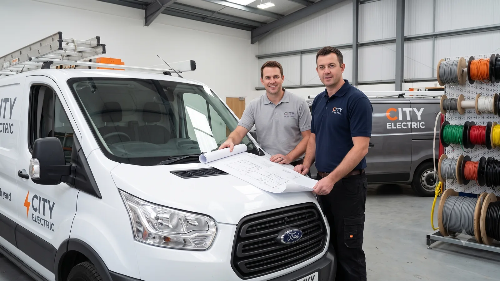 Fictional electrical team reviewing plans beside branded service vans