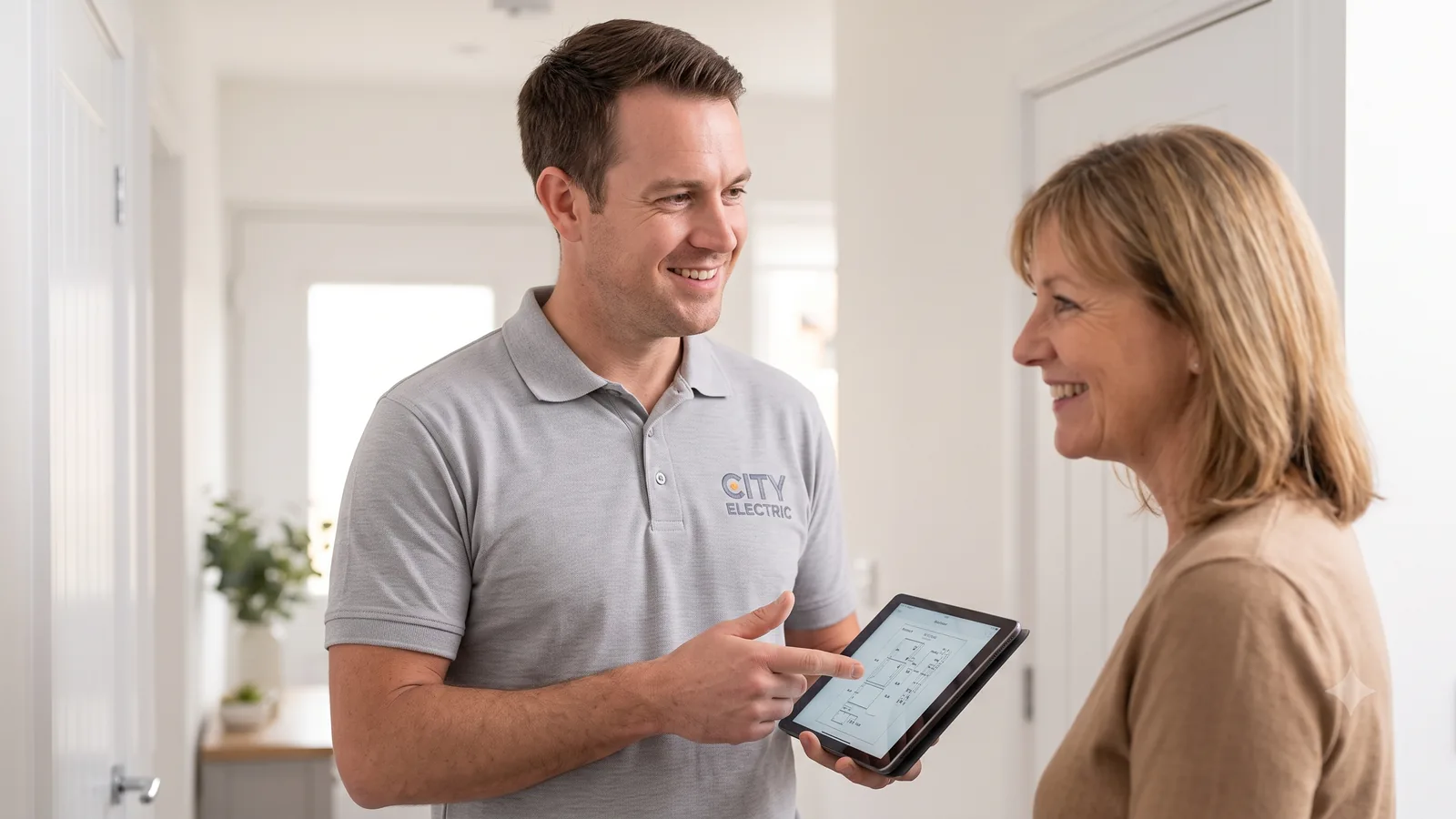 Fictional electrician reviewing a project diagram with a homeowner