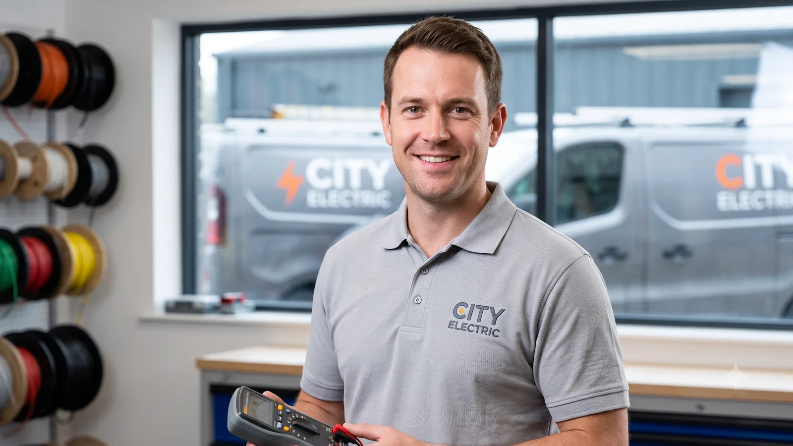 Fictional electrician holding a tester in a professional workshop